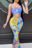 Blue Sexy Print Hollowed Out Patchwork Frenulum Skinny Jumpsuits