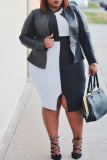Black White Fashion Casual Patchwork Slit O Neck Vest Dress Plus Size Dresses
