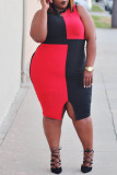 Black Red Fashion Casual Patchwork Slit O Neck Vest Dress Plus Size Dresses