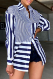 Blue Casual Striped Patchwork Turndown Collar Shirt Dress Dresses