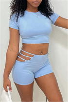 Baby Blue Fashion Casual Solid Hollowed Out O Neck Short Sleeve Two Pieces