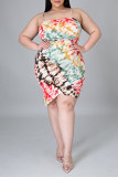 Brownness Fashion Sexy Plus Size Print Tie Dye Backless Asymmetrical Spaghetti Strap Sleeveless Dress