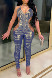 Gold Sexy Solid Hollowed Out Halter Skinny Jumpsuits