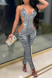 Silver Gray Sexy Solid Hollowed Out Halter Skinny Jumpsuits