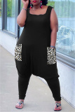 Black Fashion Casual Patchwork Pocket U Neck Plus Size Jumpsuits