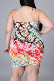 Brownness Fashion Sexy Plus Size Print Tie Dye Backless Asymmetrical Spaghetti Strap Sleeveless Dress