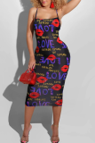 Red Sexy Print Patchwork Spaghetti Strap Pencil Skirt Dresses
