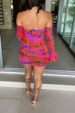 Red Sexy Print Patchwork Off the Shoulder Pencil Skirt Dresses