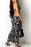 Black And White Sexy Print Hollowed Out Split Joint Spaghetti Strap Dresses
