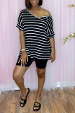 Black Casual Striped Split Joint V Neck Short Sleeve Two Pieces