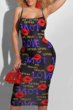 Red Sexy Print Patchwork Spaghetti Strap Pencil Skirt Dresses