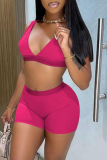 Rose Red Sexy Solid Split Joint V Neck Sleeveless Two Pieces