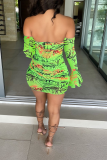 Green Sexy Print Patchwork Off the Shoulder Pencil Skirt Dresses