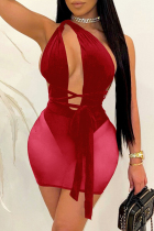 Burgundy Fashion Sexy Patchwork Bandage Hollowed Out Backless One Shoulder Sleeveless Dress