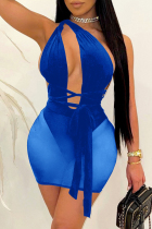 Royal Blue Fashion Sexy Patchwork Bandage Hollowed Out Backless One Shoulder Sleeveless Dress