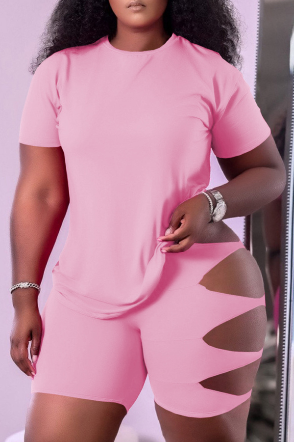 Pink Casual Solid Hollowed Out O Neck Short Sleeve Two Pieces