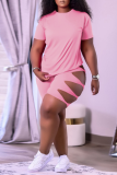 Pink Casual Solid Hollowed Out O Neck Short Sleeve Two Pieces