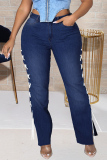 Black Fashion Casual Solid Bandage Slit Plus Size Jeans