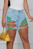 White Casual Solid Ripped Mid Waist Skinny Denim Shorts