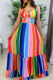 Red Sexy Striped Patchwork POLO collar Cake Skirt Dresses