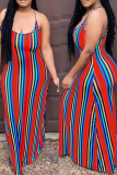 Tangerine Red Sexy Striped Split Joint Spaghetti Strap Pencil Skirt Plus Size Dresses