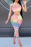 Pink Sexy Patchwork Tie-dye Spaghetti Strap Skinny Jumpsuits