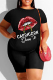 Black Fashion Casual Lips Printed Basic O Neck Plus Size Two Pieces