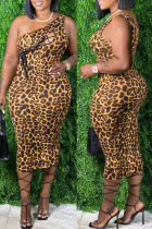 Leopard Print Fashion Sexy Plus Size Print Bandage Hollowed Out One Shoulder Sleeveless Dress