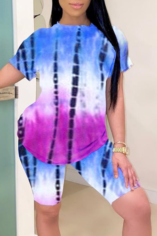 Blue Casual Patchwork Tie-dye O Neck Short Sleeve Two Pieces