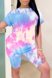 Pink Casual Patchwork Tie-dye O Neck Short Sleeve Two Pieces