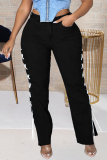 Black Fashion Casual Solid Bandage Slit Plus Size Jeans