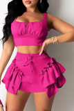 Pink Sexy Solid Flounce Square Collar Sleeveless Two Pieces