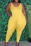Yellow Casual Solid Patchwork Spaghetti Strap Plus Size Jumpsuits