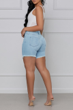 Baby Blue Casual Solid Ripped Mid Waist Skinny Denim Shorts