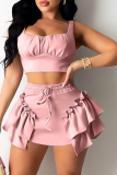 Pink Sexy Solid Flounce Square Collar Sleeveless Two Pieces