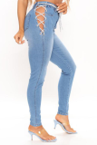 Baby Blue Sexy Solid Hollowed Out High Waist Skinny Denim Jeans