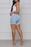 Green Casual Solid Ripped Mid Waist Skinny Denim Shorts