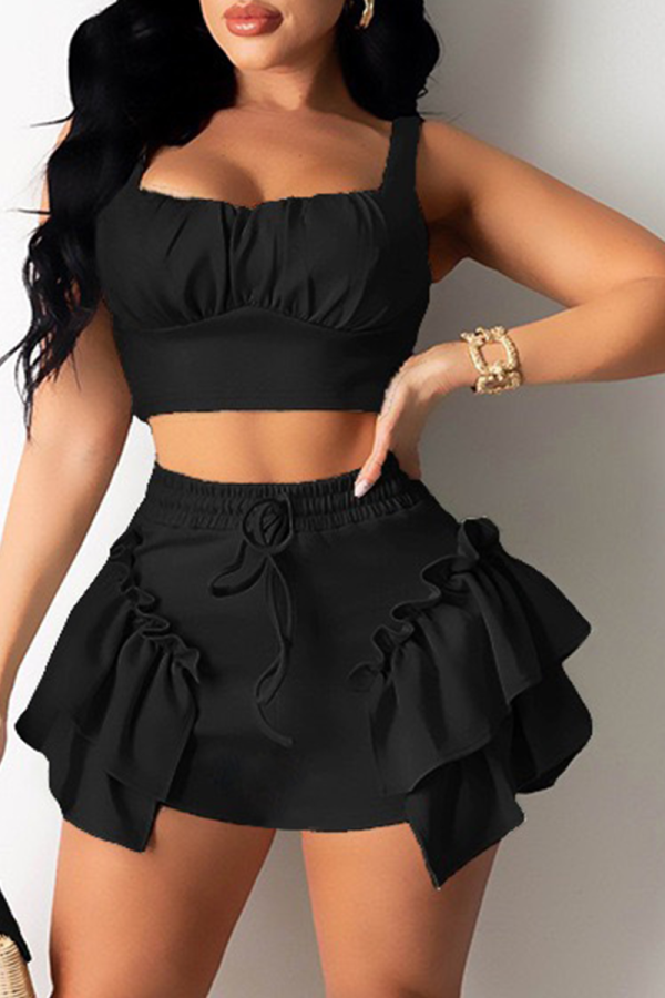 Black Sexy Solid Flounce Square Collar Sleeveless Two Pieces