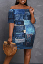 Blue Fashion Casual Print Backless Off the Shoulder Short Sleeve Dress Dresses