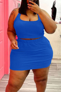 Blue Casual Solid Patchwork U Neck Straight Plus Size Two Pieces