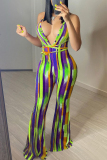 Green Sexy Casual Striped Print Backless Strap Design V Neck Regular Jumpsuits