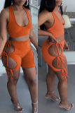 Orange Sexy Solid Bandage Hollowed Out Backless Halter Sleeveless Two Pieces