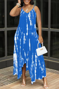 Sky Blue Sexy Print Patchwork Spaghetti Strap Irregular Dress Dresses