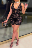 Black Fashion Sexy Solid Hollowed Out See-through V Neck Skinny Romper