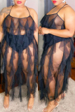 Black Sexy Plus Size Solid Patchwork See-through Backless Spaghetti Strap Long Dress
