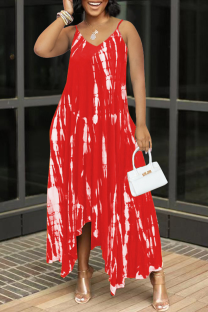 Red Sexy Print Patchwork Spaghetti Strap Irregular Dress Dresses