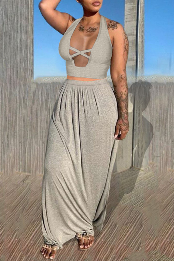 Grey Sexy Casual Solid Hollowed Out Backless Halter Sleeveless Two Pieces