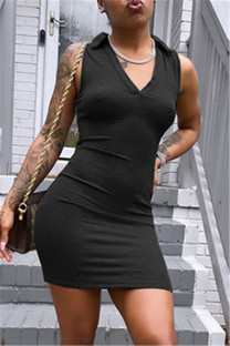 Black Sexy Casual Solid Basic V Neck Sleeveless A Line Dresses