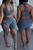 Grey Sexy Solid Bandage Hollowed Out Backless Halter Sleeveless Two Pieces