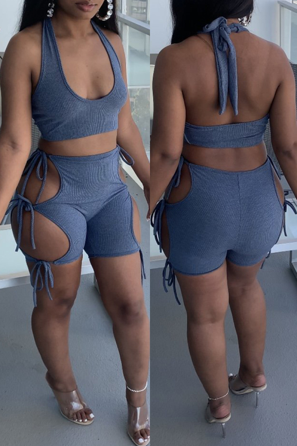 Grey Sexy Solid Bandage Hollowed Out Backless Halter Sleeveless Two Pieces